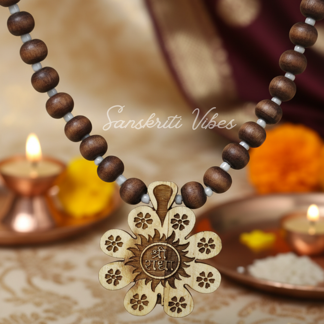 Shri Radha Flower Shaped Tulsi Locket Mala | Sacred Tulsi Beads Necklace for Devotion, Meditation & Spiritual Protection - Retail Maharaj