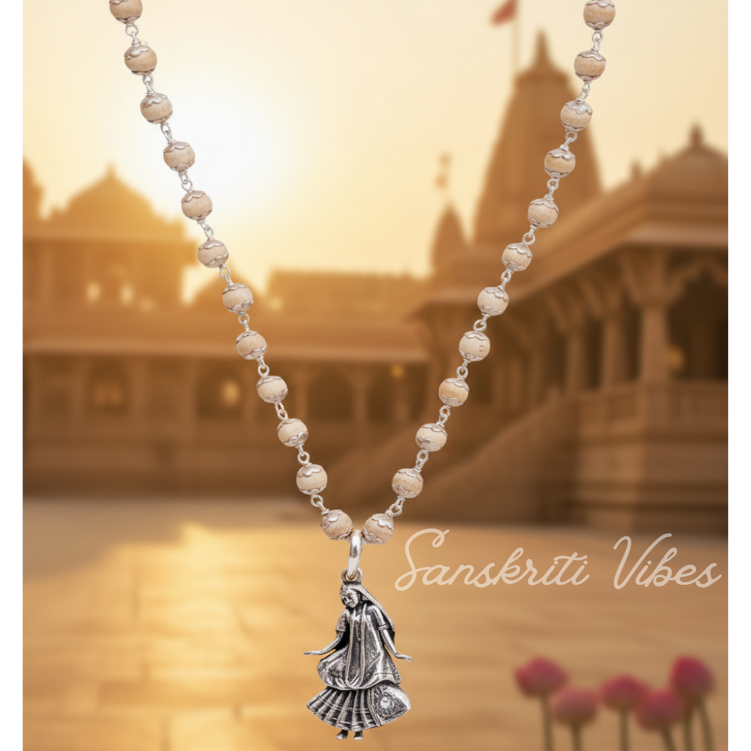 Shri Radha Rani Sterling Silver Tulsi Necklace Mala | Handcrafted Devotional Necklace for Meditation & Spiritual Wear - Retail Maharaj