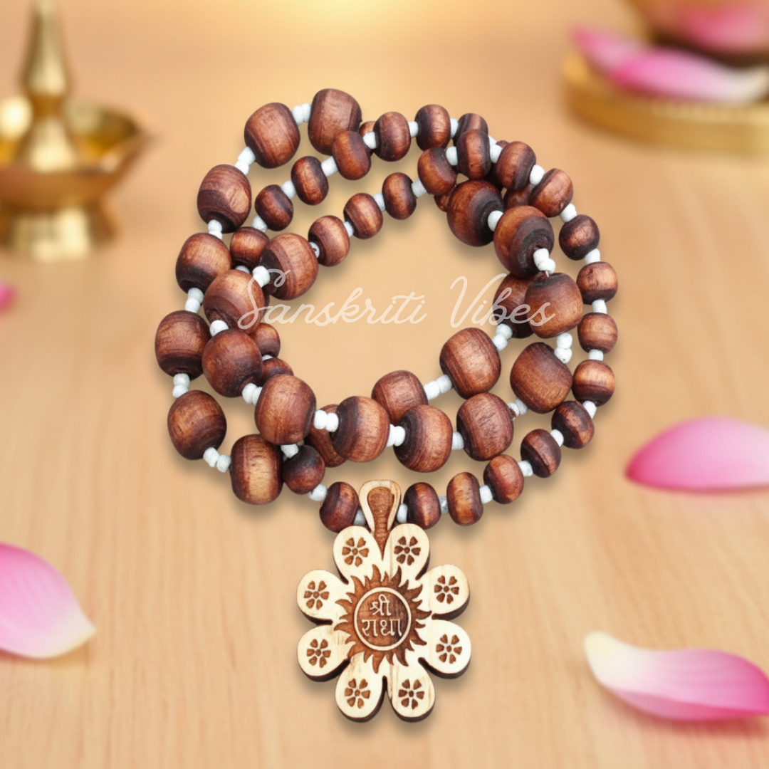 Shri Radha Flower Shaped Tulsi Locket Mala | Sacred Tulsi Beads Necklace for Devotion, Meditation & Spiritual Protection - Retail Maharaj