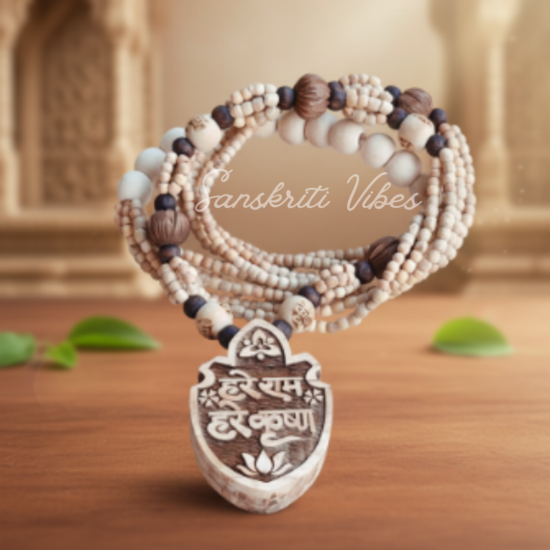 Hare Rama Hare Krishna Beautiful Design Bhaktmal Tulsi Locket Mala | Sacred Tulsi Beads Necklace for Devotion & Meditation - Retail Maharaj