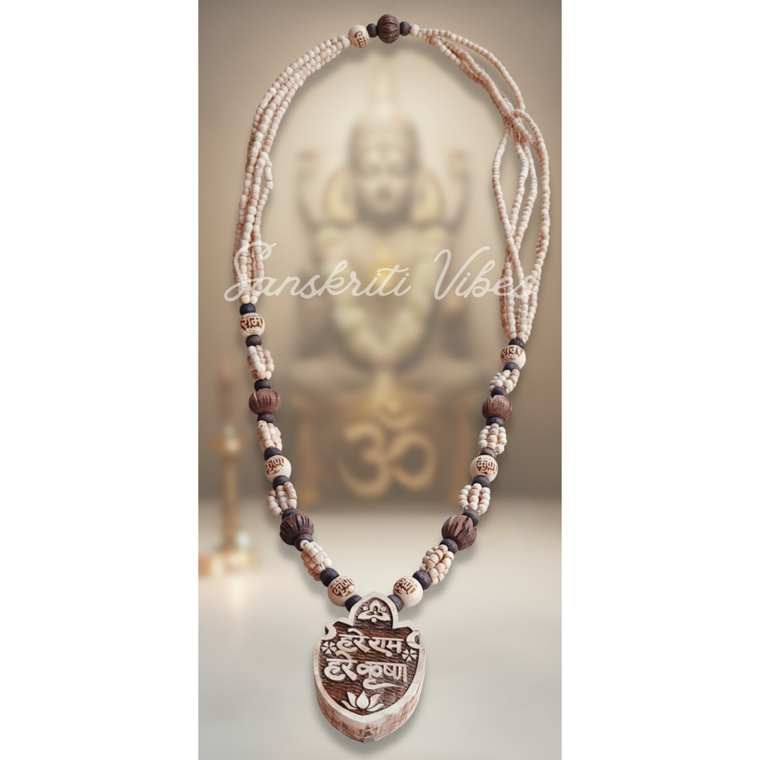 Hare Rama Hare Krishna Beautiful Design Bhaktmal Tulsi Locket Mala | Sacred Tulsi Beads Necklace for Devotion & Meditation - Retail Maharaj