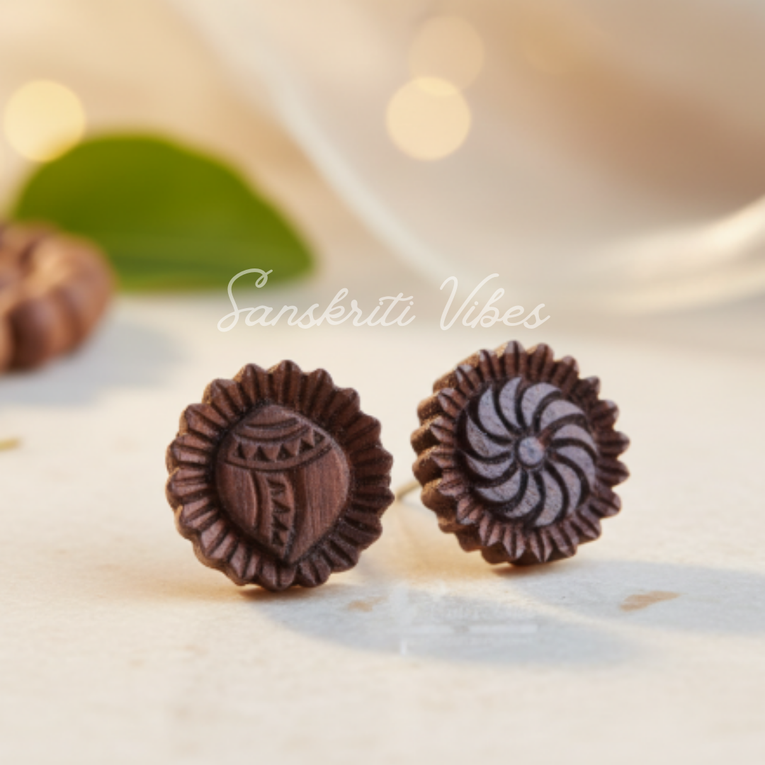 Original Tulsi Sudarshan Chakra & Shankh Stud Earrings | Handmade Black Tulsi Ear Studs for Shri Jagannath Devotees - Retail Maharaj