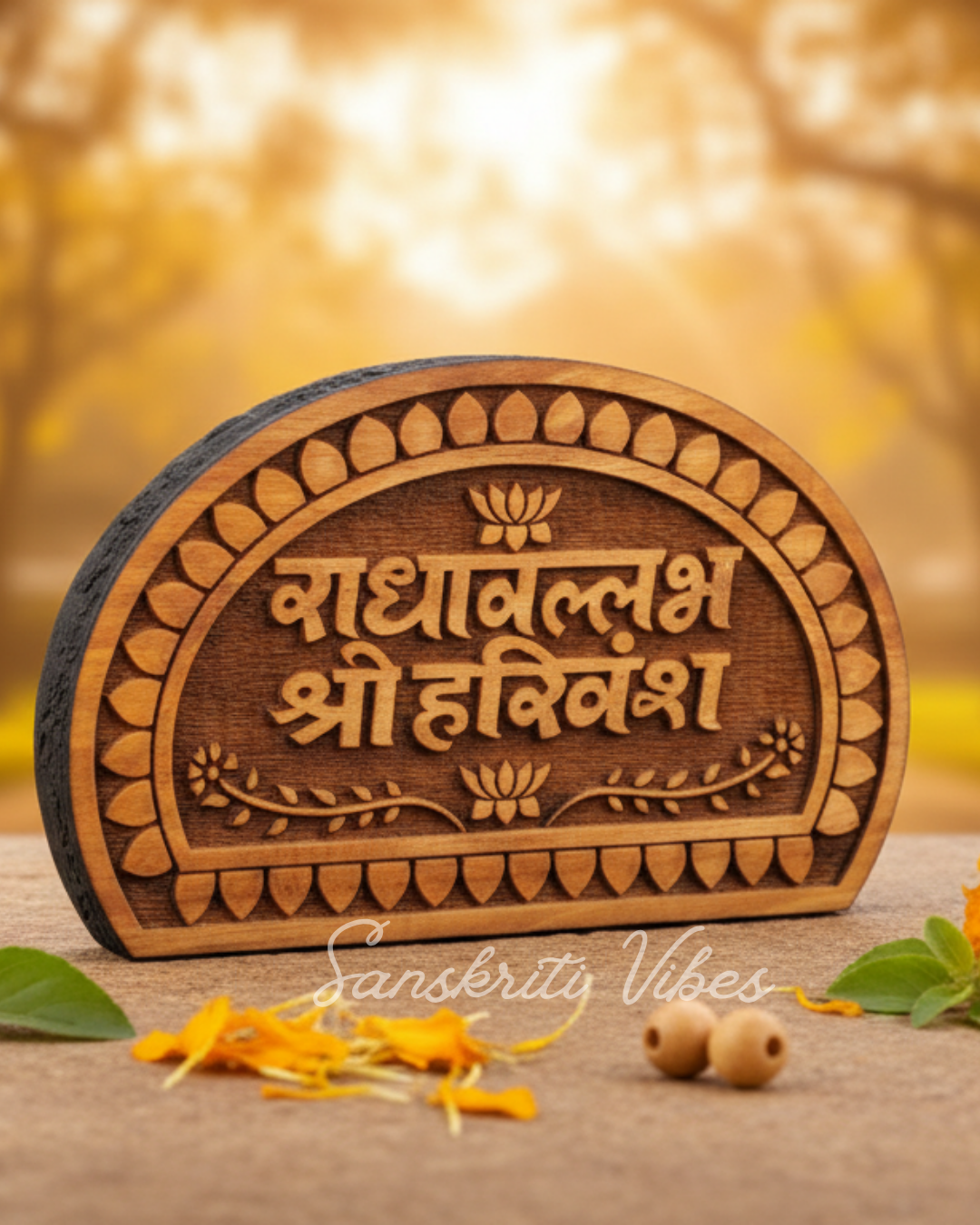 Radha Vallabh Shri Harivansh Naam Sewa – Kadam & Tamal Wood Spiritual Plaque - Retail Maharaj