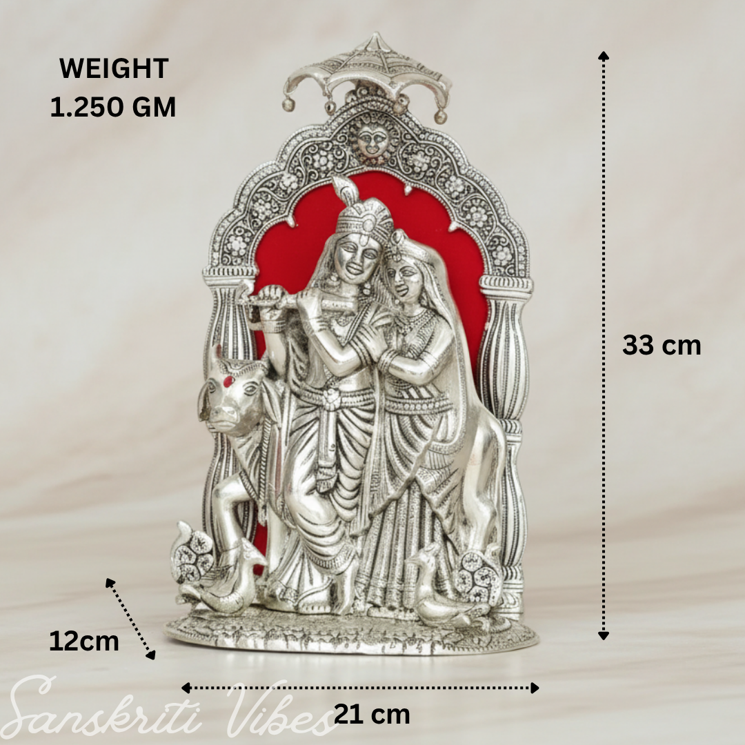 Silver Metal Radha Krishna with Cow Idol | Ornate 33 cm Decorative Showpiece for Puja Room, Home & Office
