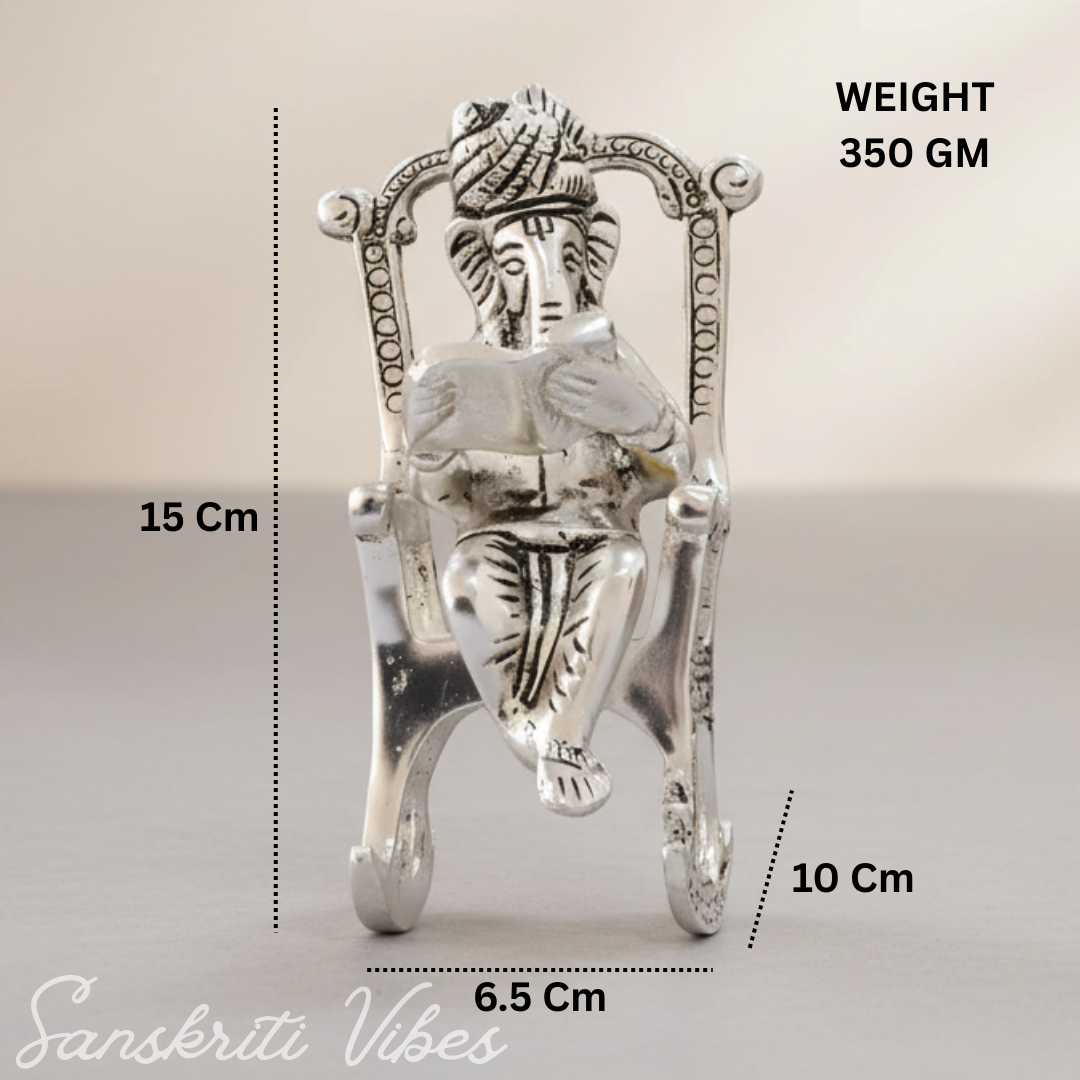 Metal Chair Ganesh Ganpati Idol with Reading Ramayan Metallic Gold Finish Traditional Indian Decorative Showpiece