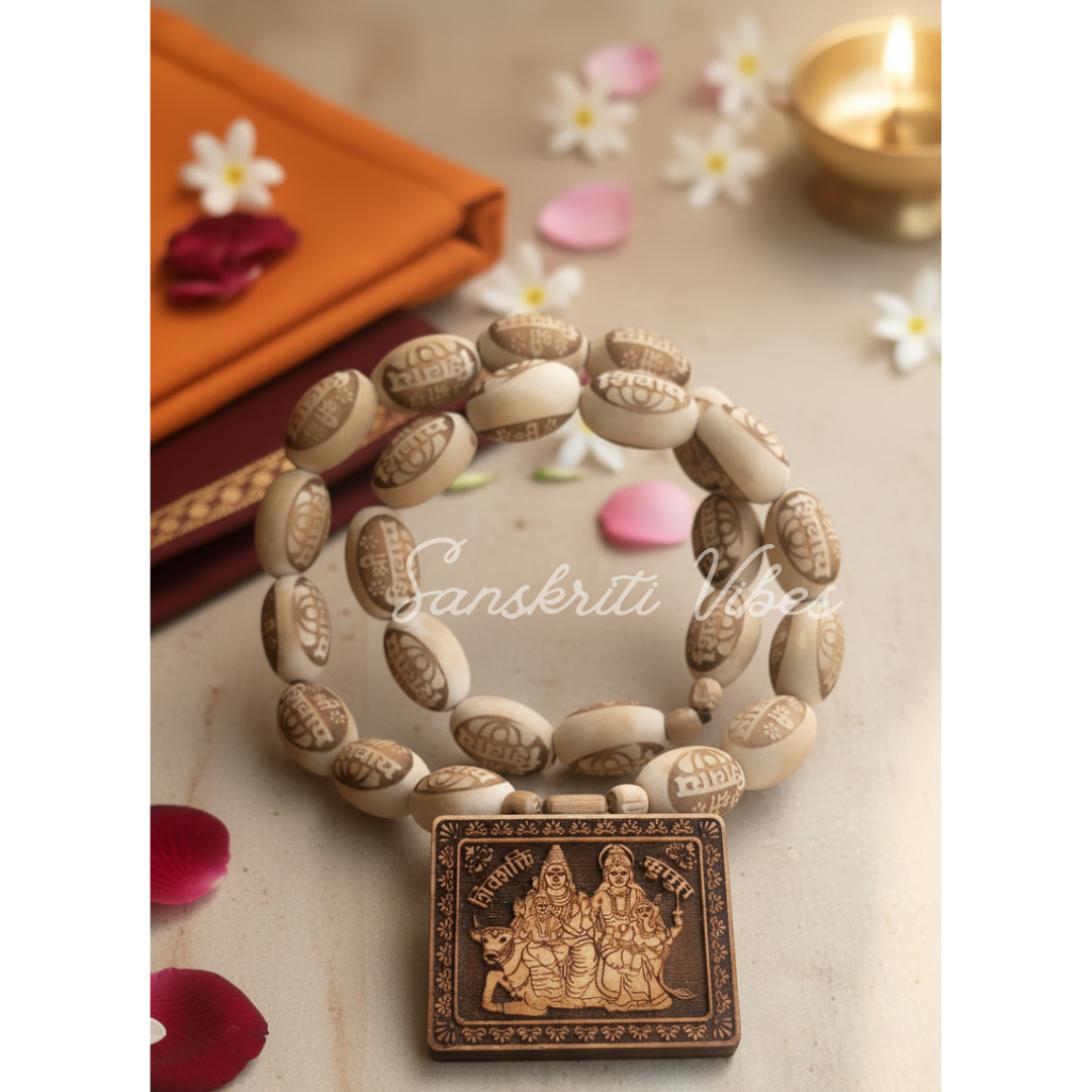 Shiv Parvati Pendant with Shivay Beads in Divine Garland | Sacred Rudraksha-Inspired Necklace for Devotion & Meditation - Retail Maharaj