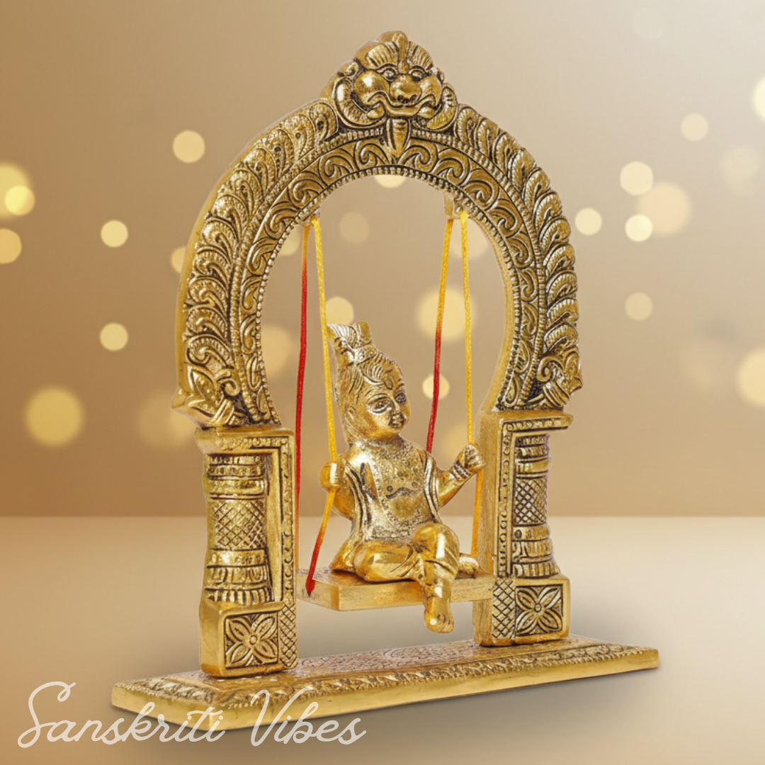 Gold-Plated Laddu Gopal Swing Jhula | Metal Krishna Palna for Temple, Puja Room & Home Décor