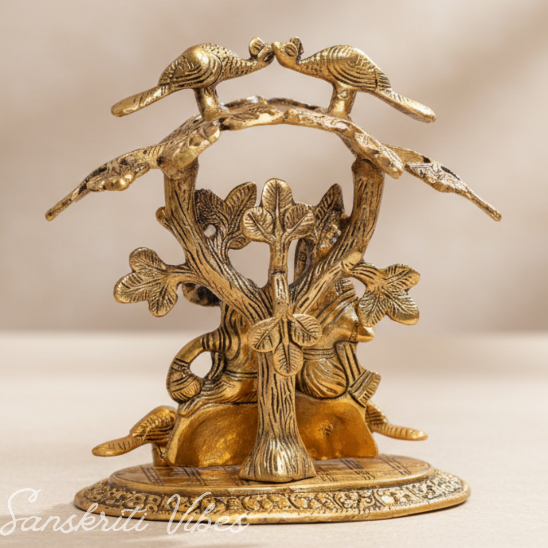 Radha Krishna Playing Flute Under Tree | Gold Antique Metal Idol for Home Décor & Pooja Room