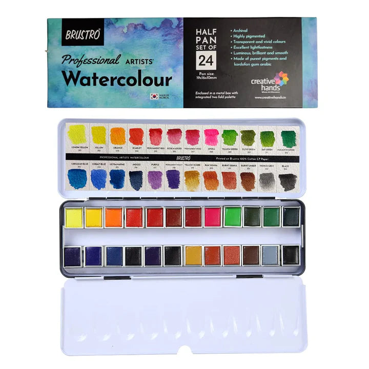Brustro Professional Artists Watercolour Set 24 Half Pans - Retail Maharaj