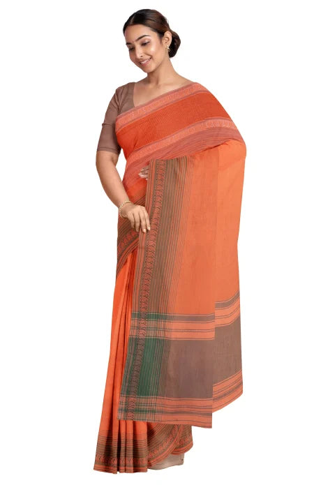 Handwoven Dhaniakhali Cotton Saree – Apricot - Retail Maharaj