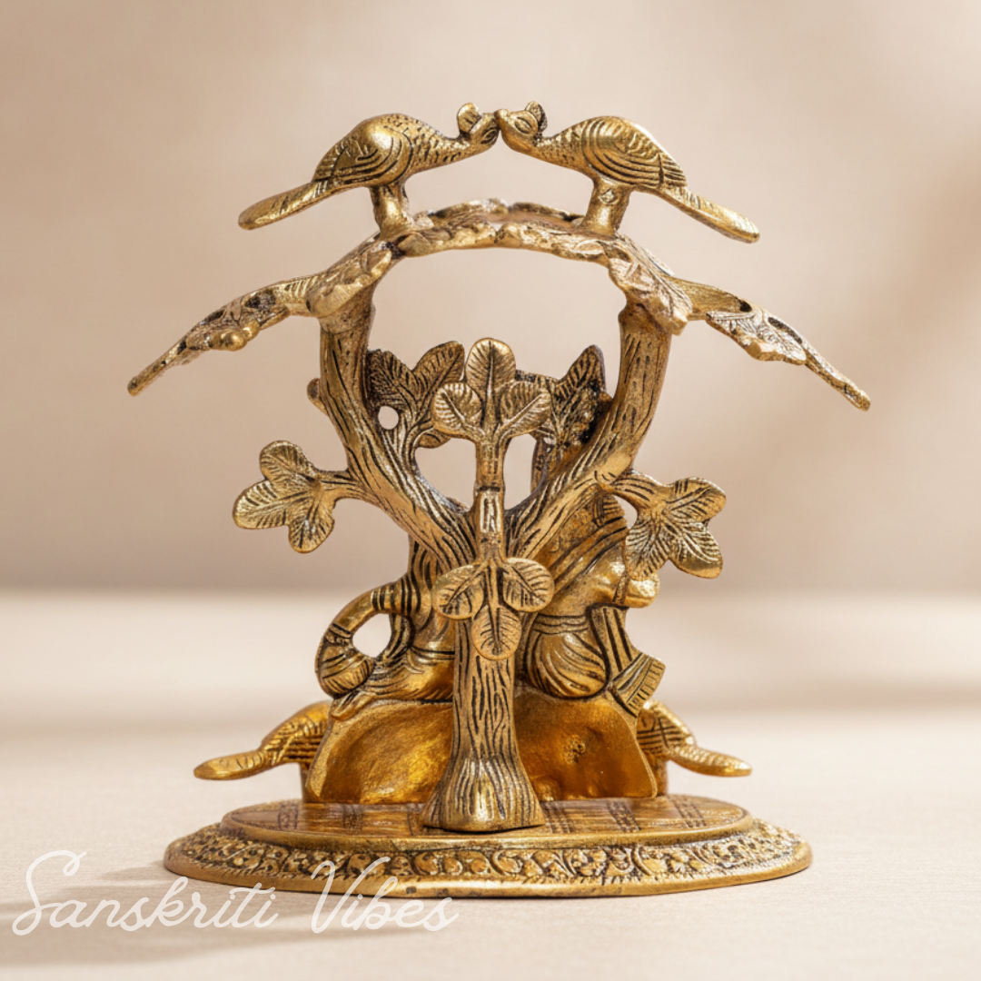 Radha Krishna Playing Flute Under Tree | Gold Antique Metal Idol for Home Décor & Pooja Room