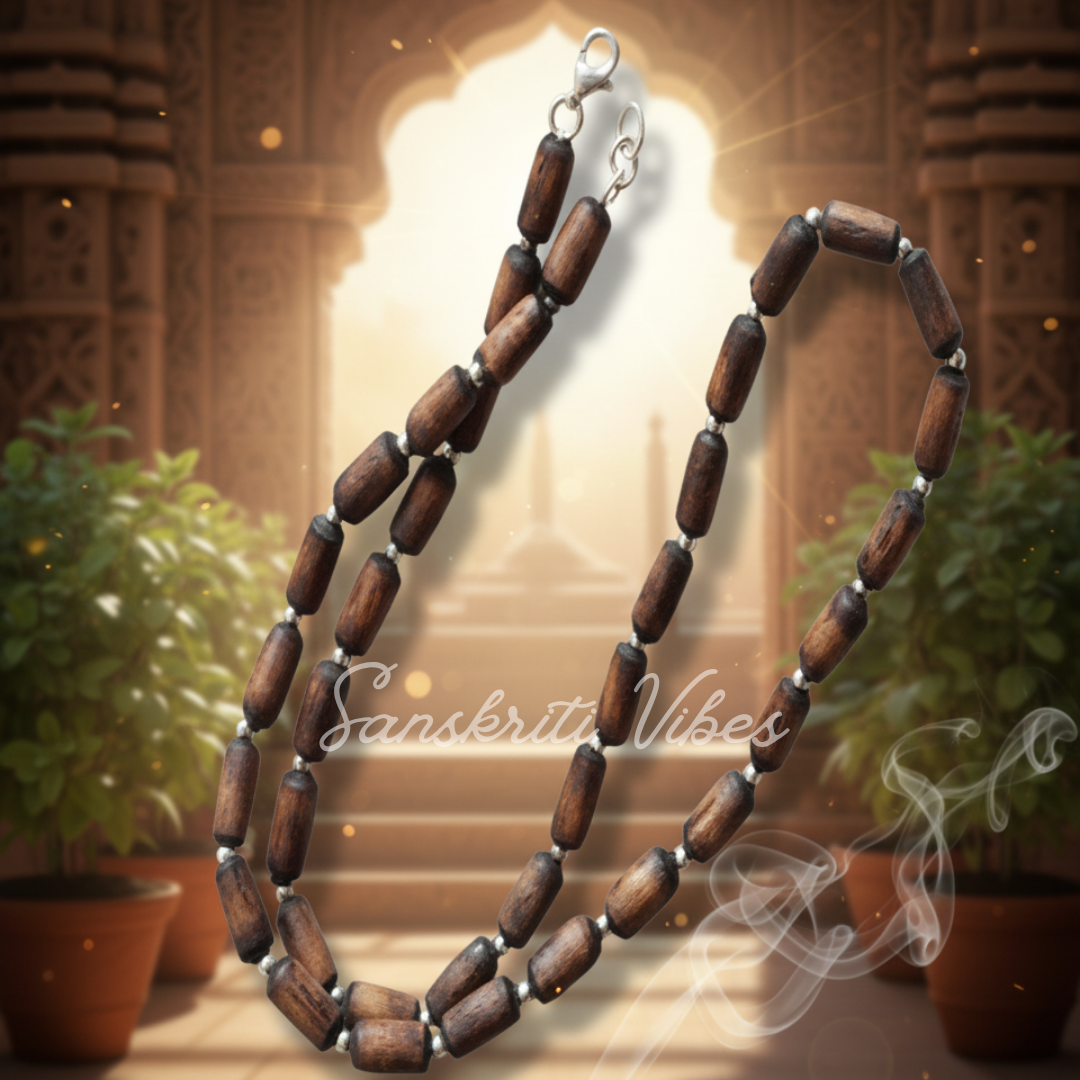 Natural Dark Brown Shyama Tulsi Beads Kanthi Mala with Silver Balls – Premium Classic Trendy Spiritual Necklace