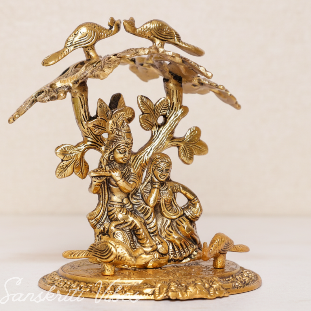 Radha Krishna Playing Flute Under Tree | Gold Antique Metal Idol for Home Décor & Pooja Room