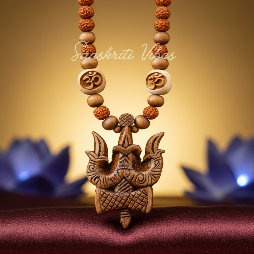 Lord Shiva Trishul Damru Original Tulsi Locket With Panchmukhi Rudraksha Mala | Sacred Tulsi & Rudraksha Beads Mala for Devotion, Meditation & Spiritual Protection - Retail Maharaj