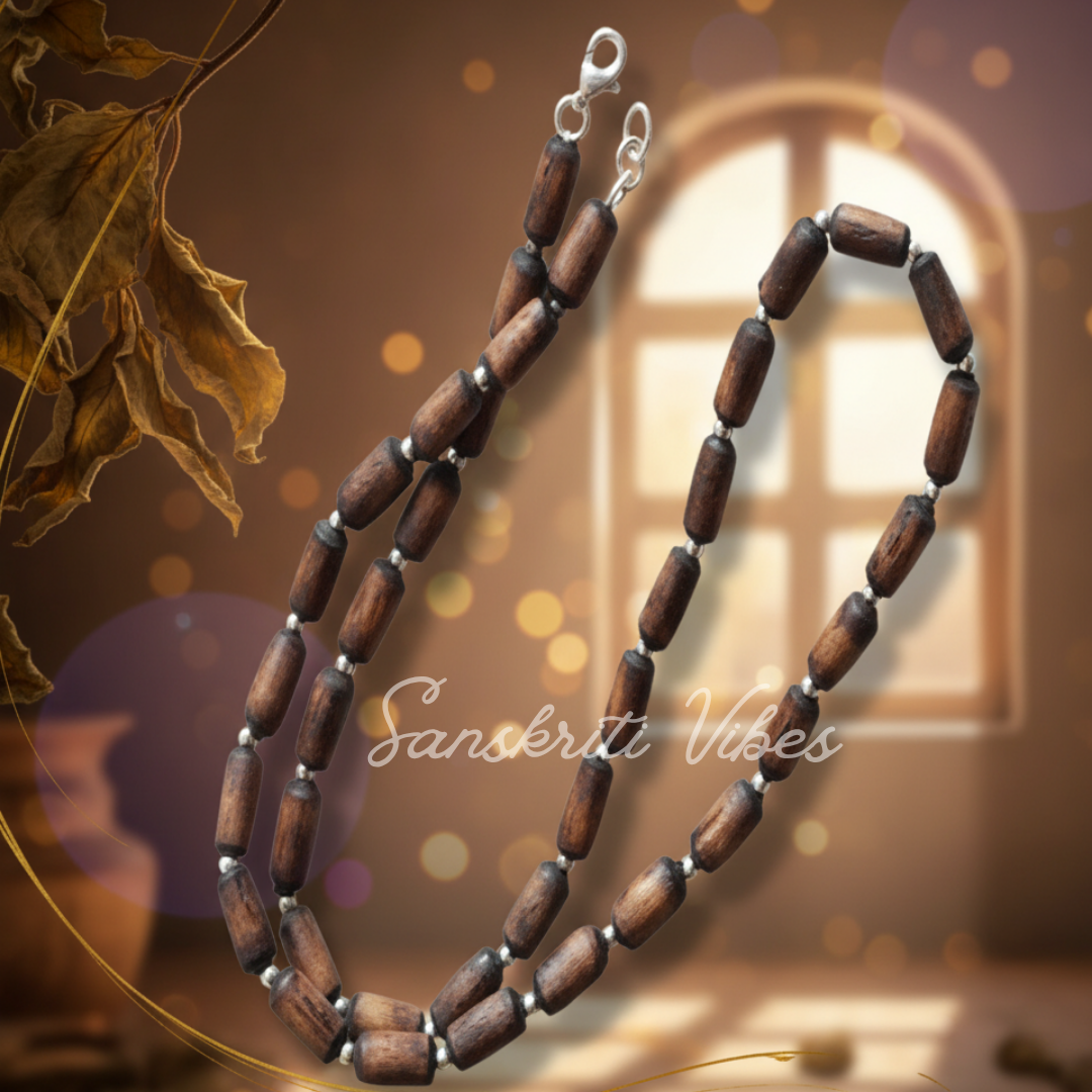 Natural Dark Brown Shyama Tulsi Beads Kanthi Mala with Silver Balls – Premium Classic Trendy Spiritual Necklace