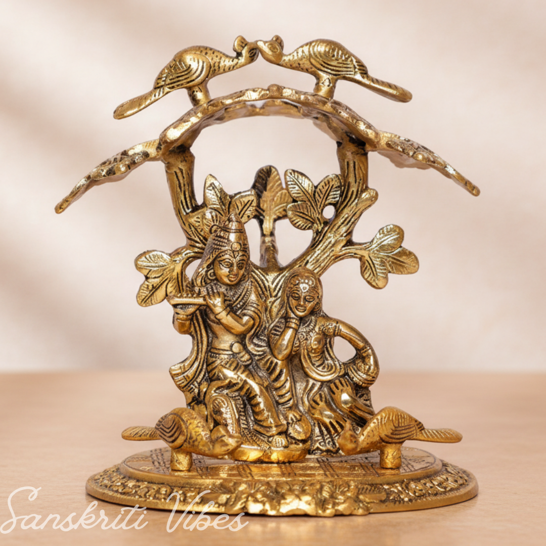 Radha Krishna Playing Flute Under Tree | Gold Antique Metal Idol for Home Décor & Pooja Room