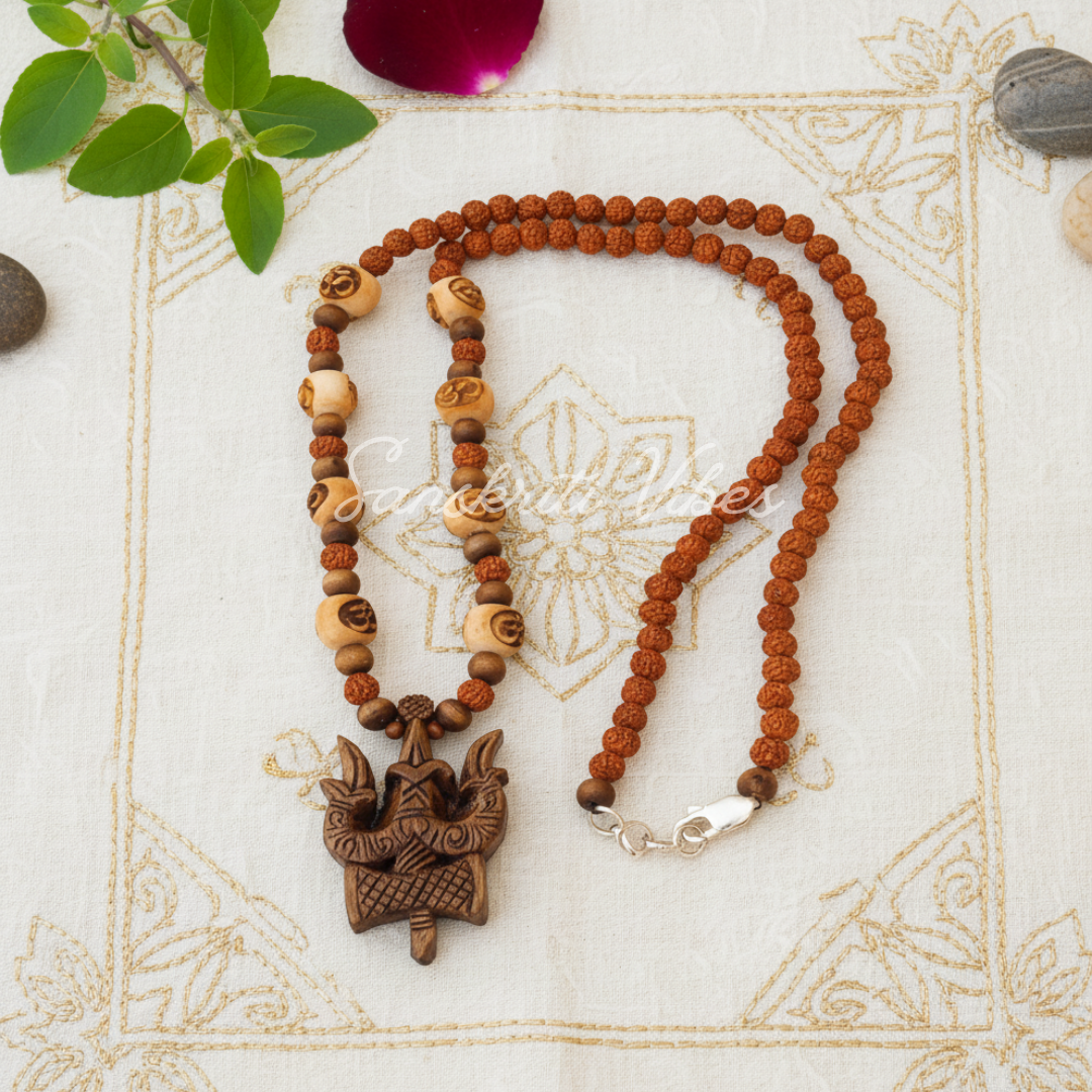Lord Shiva Trishul Damru Original Tulsi Locket With Panchmukhi Rudraksha Mala | Sacred Tulsi & Rudraksha Beads Mala for Devotion, Meditation & Spiritual Protection - Retail Maharaj
