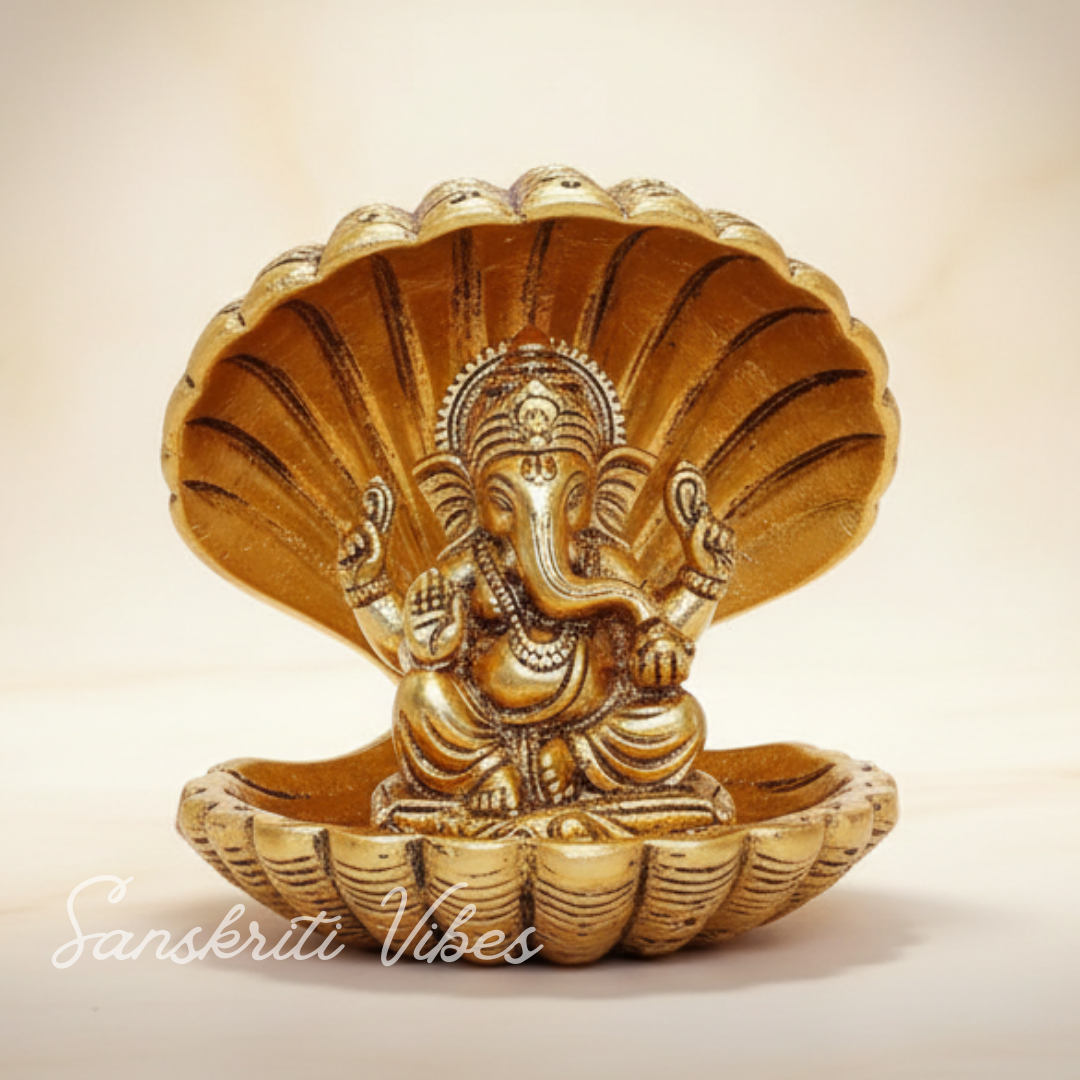 Gold Plated Ganesha Ji in Sheep Metal Statue for Pooja Room Showpiece for Home Glossy Finish Ganpati Idol