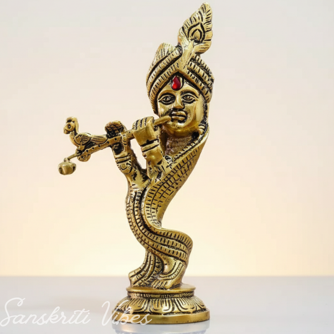 Pagdi Krishna Playing Flute Idol | Gold-Toned Metal Decorative Showpiece Hindu Religious Figurine
