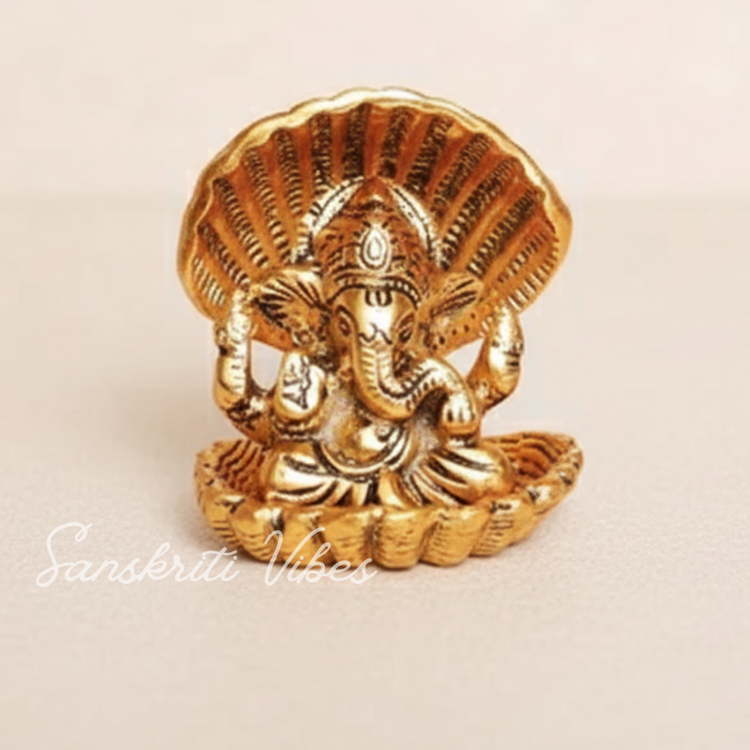 Gold Plated Ganesha Ji in Sheep Metal Statue for Pooja Room Showpiece for Home Glossy Finish Ganpati Idol