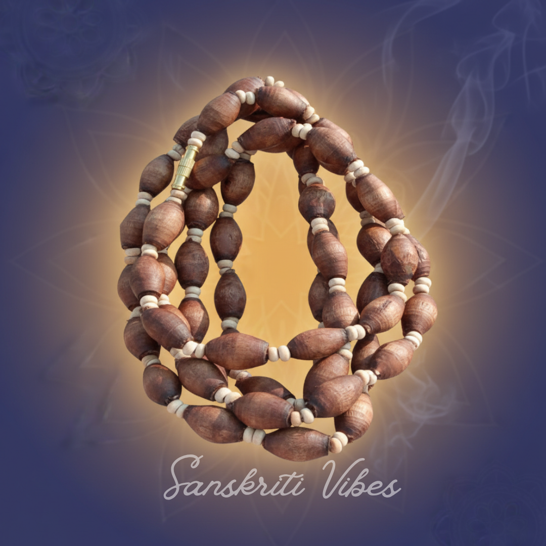 Mridanga Shape Shyama Tulsi Beads 3 Round Kanthi Mala - Sacred Neckwear for Spiritual Devotion