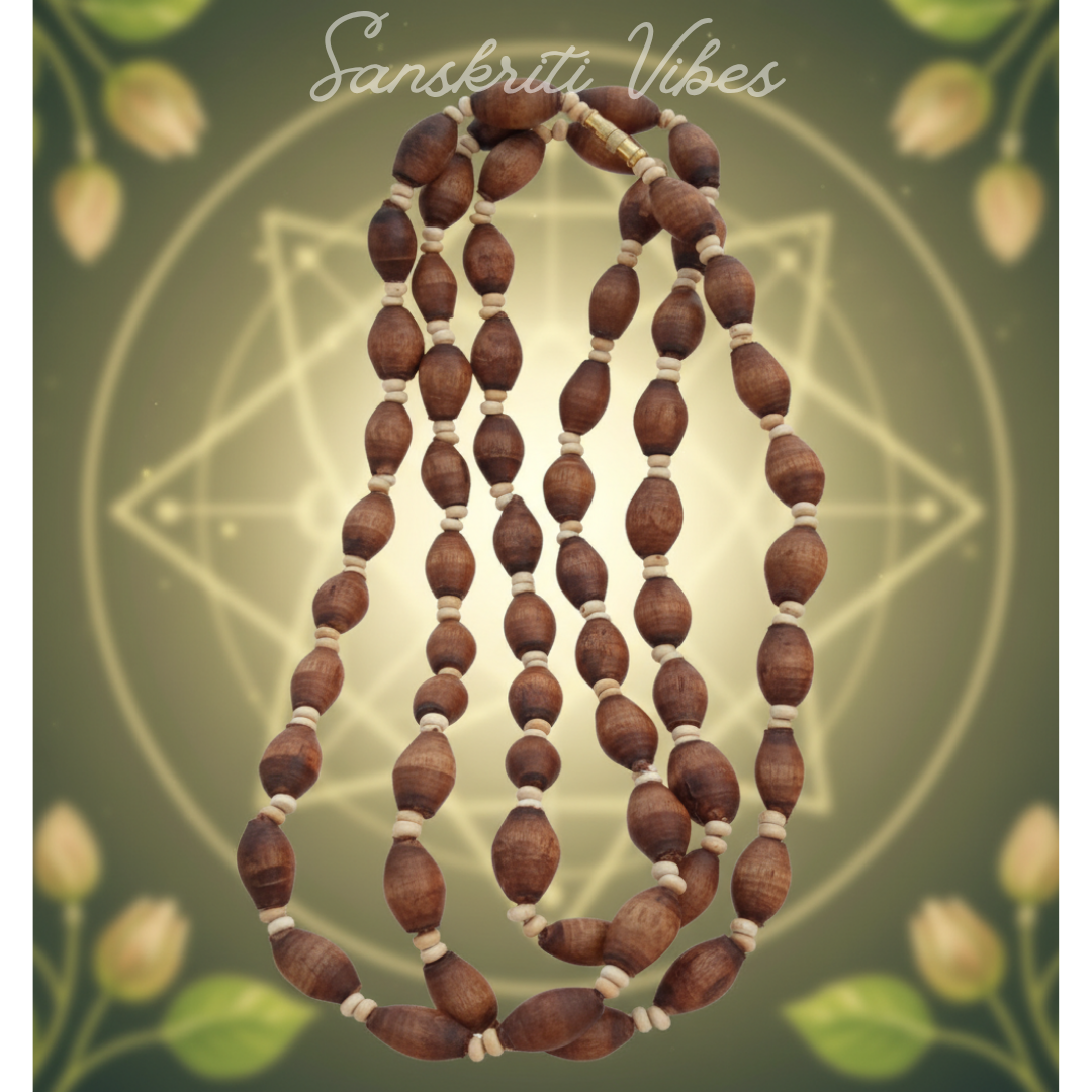 Mridanga Shape Shyama Tulsi Beads 3 Round Kanthi Mala - Sacred Neckwear for Spiritual Devotion