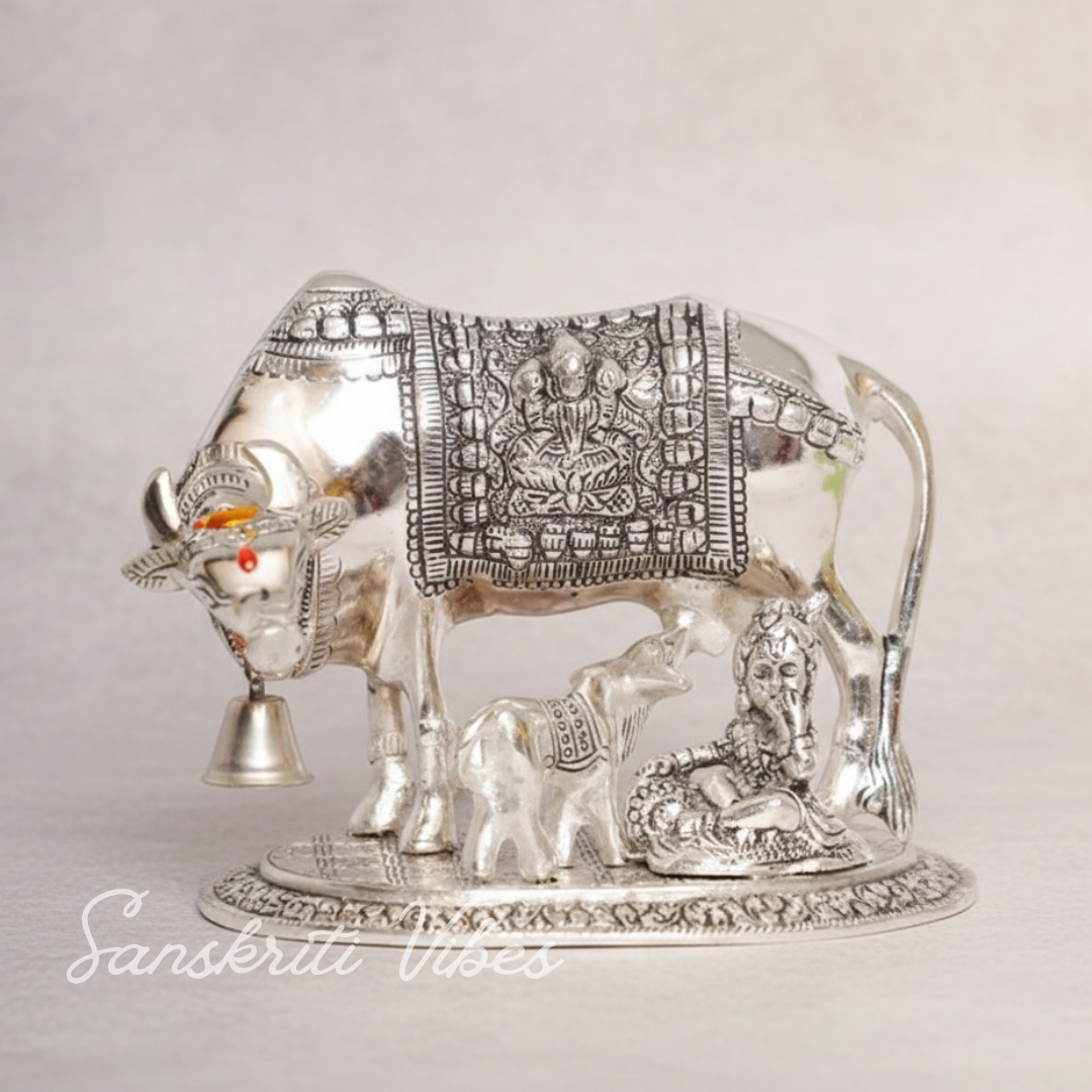 Metal Religious Kamdhenu Cow with Calf and Krishna Idol – Silver Finish Decorative Showpiece by Sanskriti Vibes | Hindu Pooja and Home Temple Decoration