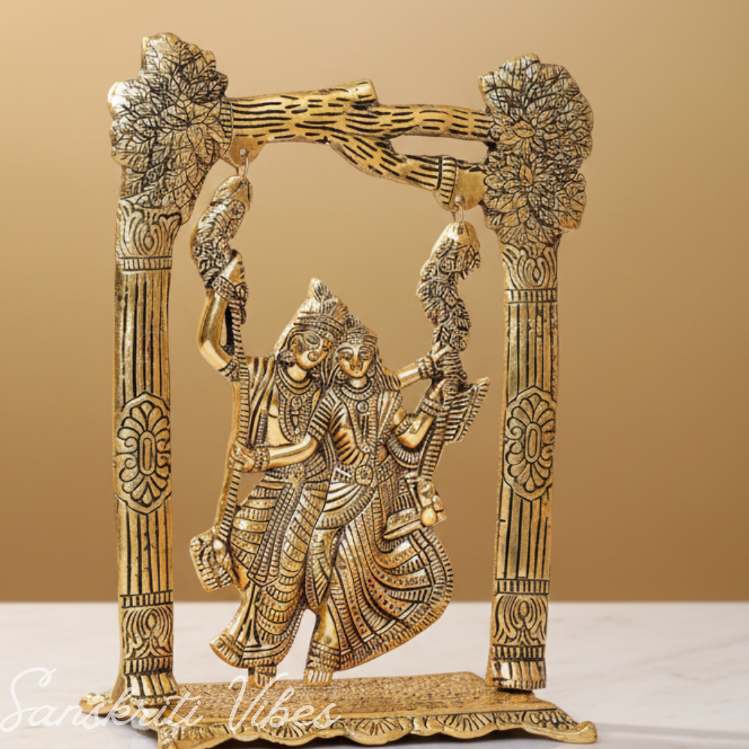 Gold-Plated Radha Krishna Idol on Swing Jhula | Metal Decorative Showpiece & Religious Figurine for Home Temple