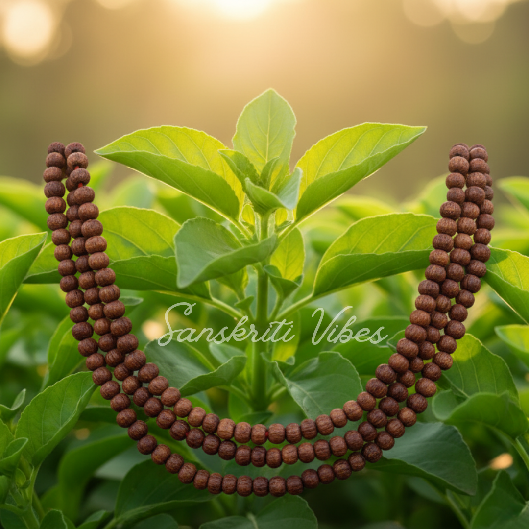 Three Round Tulsi Kanthi Mala Fine Quality - Sacred Neckwear for Devotional Practices and Meditation
