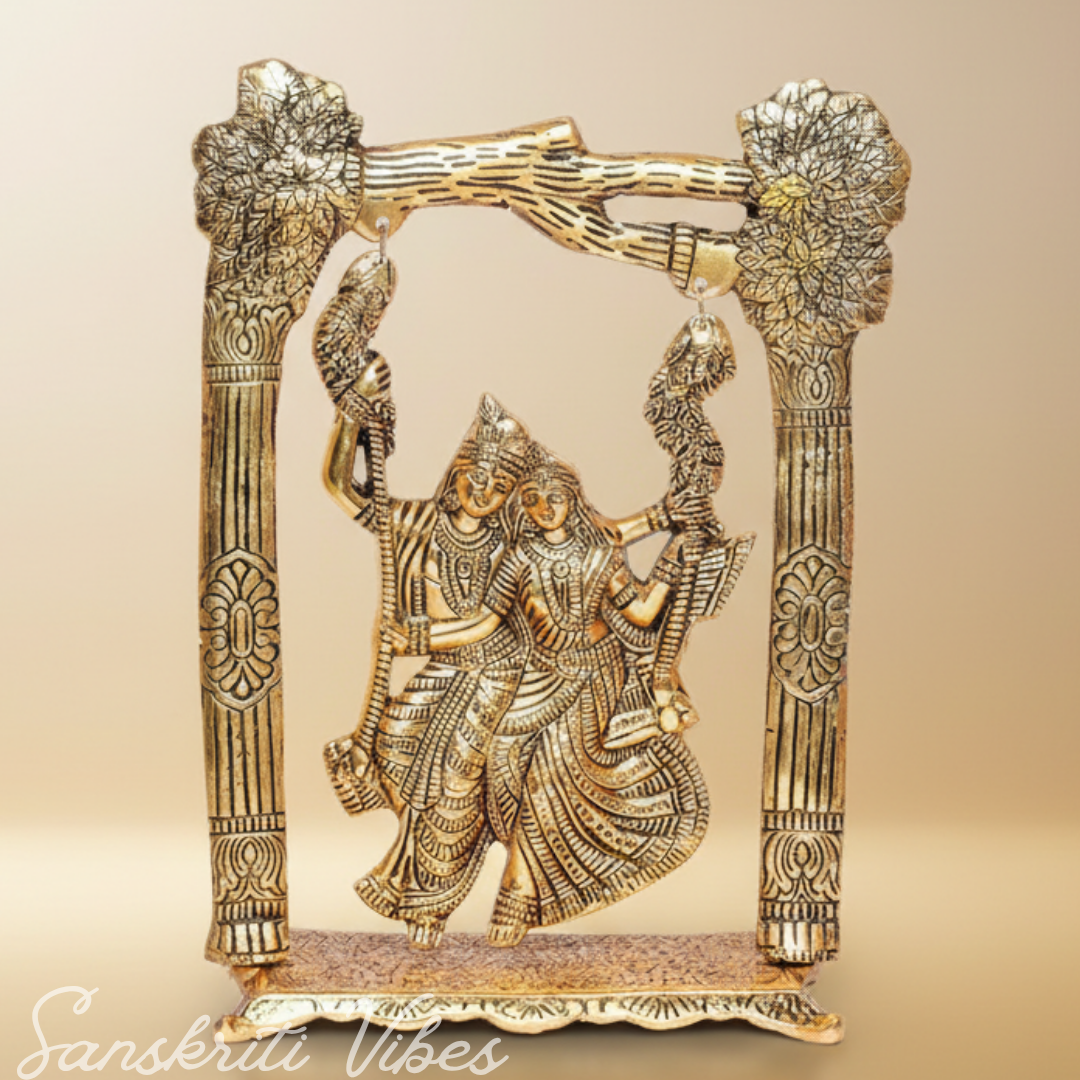 Gold-Plated Radha Krishna Idol on Swing Jhula | Metal Decorative Showpiece & Religious Figurine for Home Temple