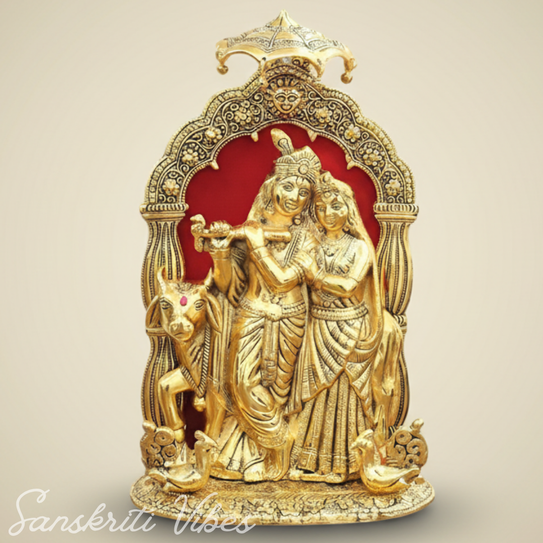 Metal Radha Krishna with Cow Idol | 33 cm Ornate Decorative Showpiece for Puja Room, Home & Office