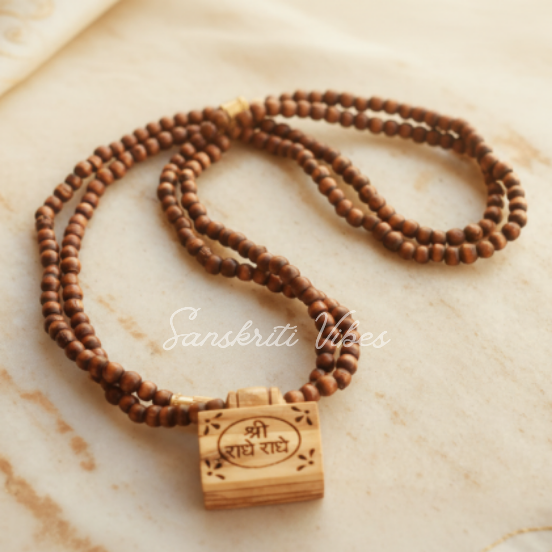 Shri Radhey Radhey Small Bhaktmal Locket with Shyma Tulsi Kanthi Mala – Devotional Necklace for Spiritual Practices - Retail Maharaj