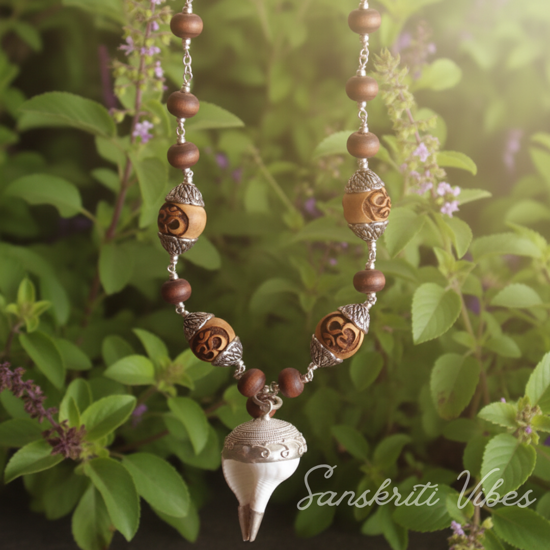 Sterling Silver Conch/Shank Pendant with Om Carved Tulsi Beads Premium Spiritual Rosary - Retail Maharaj
