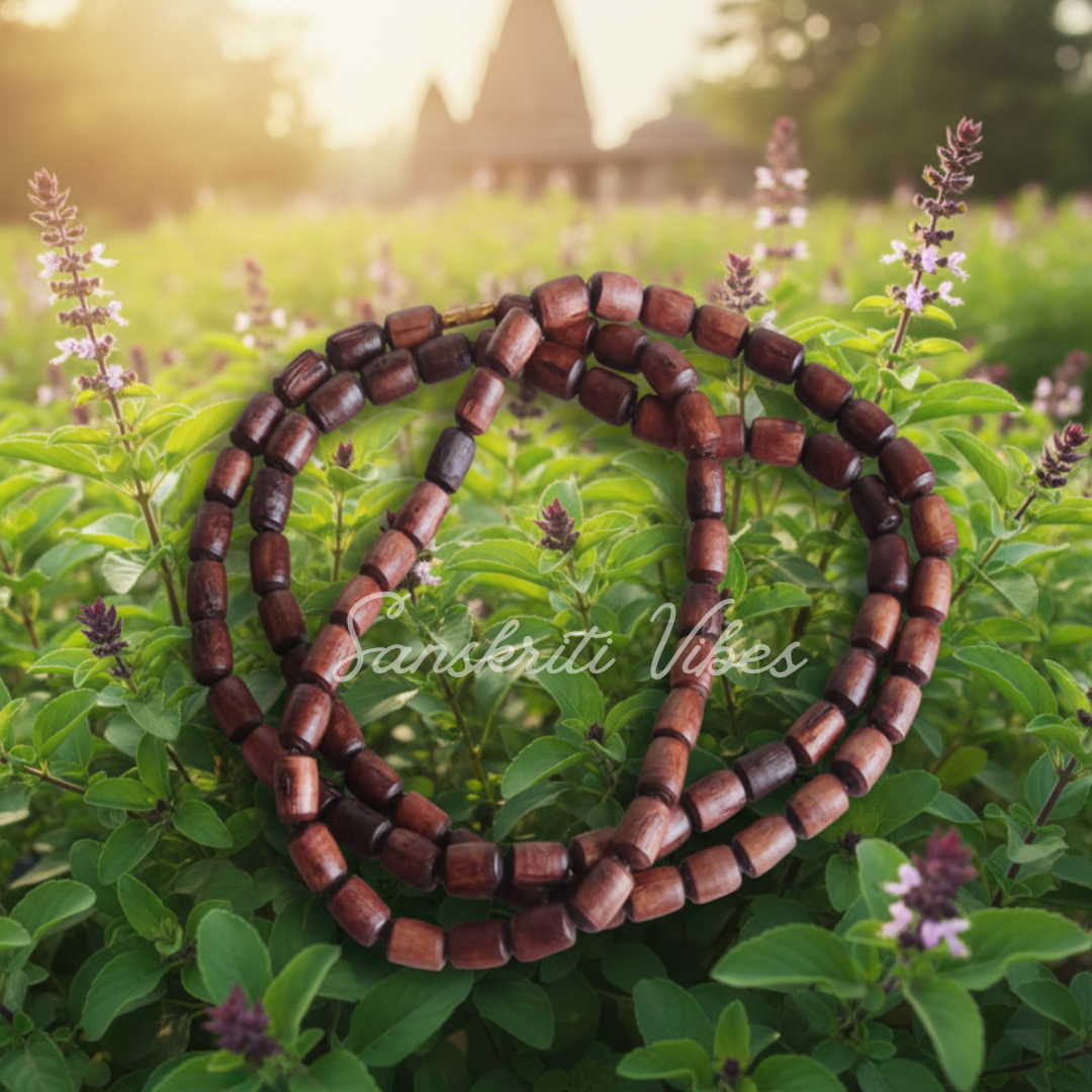 Three Round Cylindrical Bead Tulsi Kantha Mala from Vrindavan Dham – Classic Spiritual Neckwear for Devotion