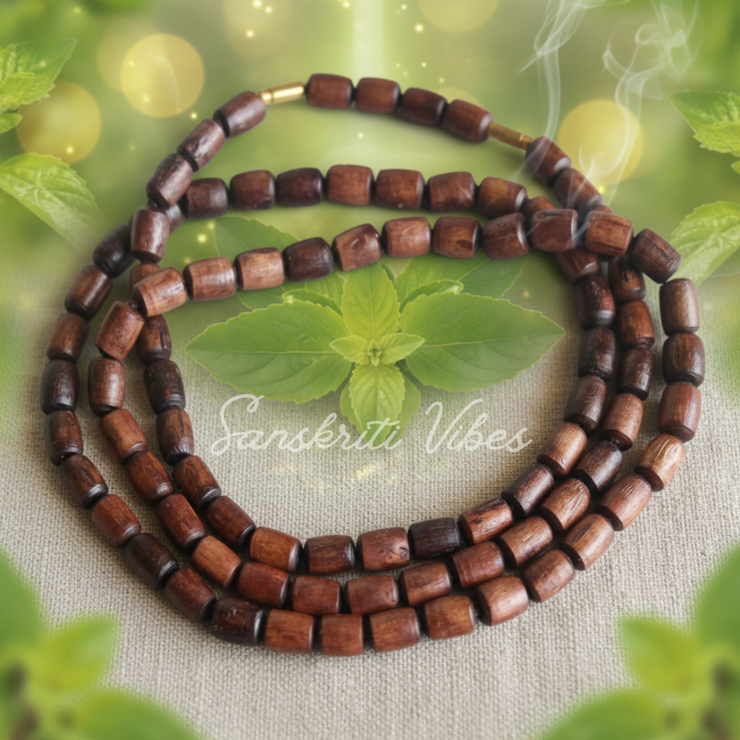 Three Round Cylindrical Bead Tulsi Kantha Mala from Vrindavan Dham – Classic Spiritual Neckwear for Devotion