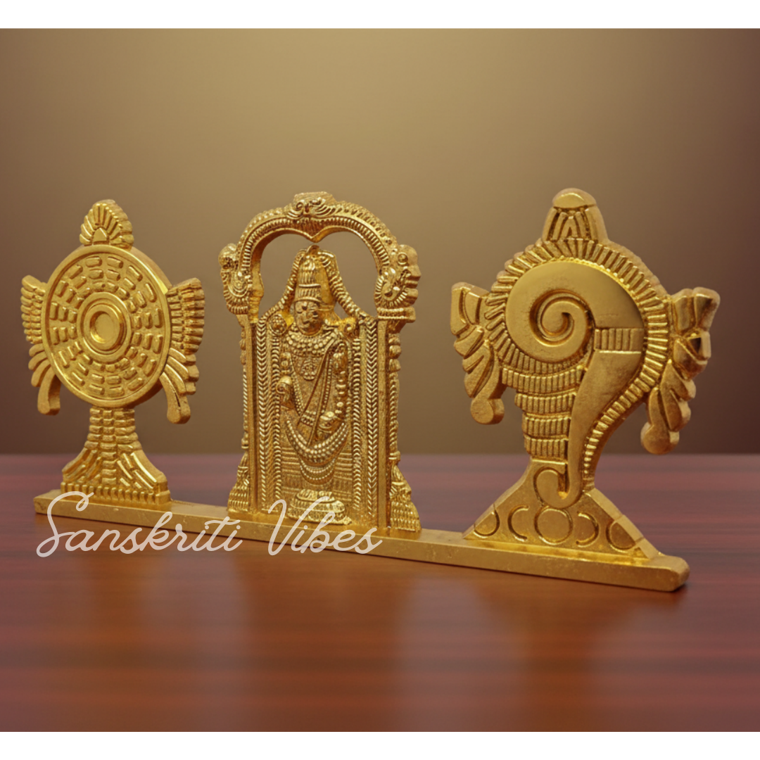 Tirupati Balaji Shankh Chakra Symbol Stand with Balaji Statue | Gold-Plated Antique Decorative Metal Idol for Car Dashboard, Home Temple & Office Table