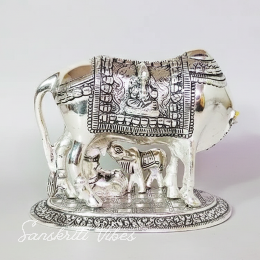 Metal Religious Kamdhenu Cow with Calf and Krishna Idol – Silver Finish Decorative Showpiece by Sanskriti Vibes | Hindu Pooja and Home Temple Decoration