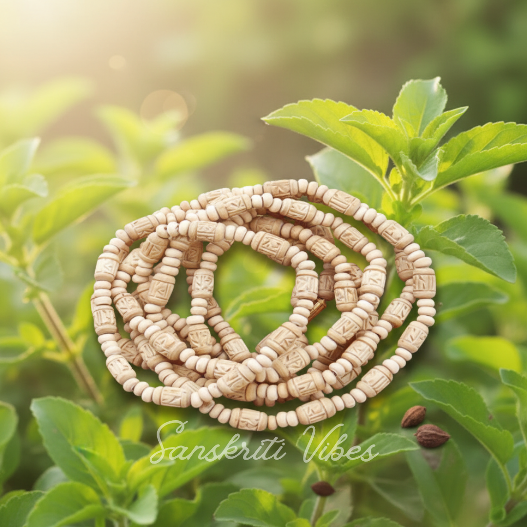 Cream Counting Radha Carved Beads Tulsi Kanthi Mala 3 Round – Premium Quality for Spiritual Practices