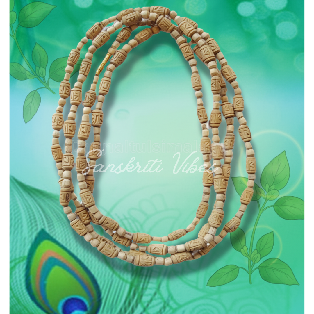 Cream Counting Radha Carved Beads Tulsi Kanthi Mala 3 Round – Premium Quality for Spiritual Practices