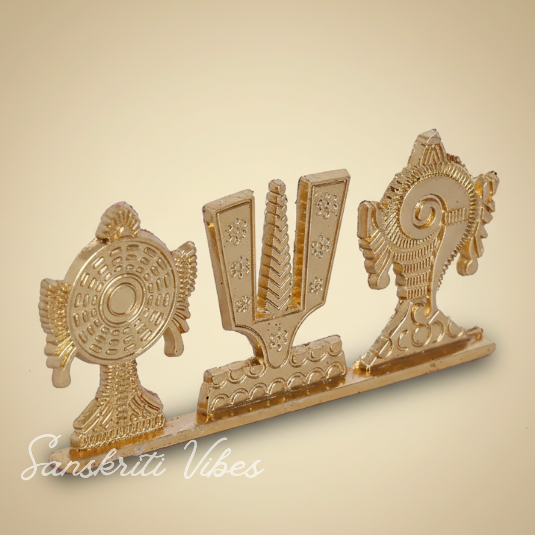 Tirupati Balaji Shankh Chakra Namah Symbol Stand | Gold-Plated Antique Decorative Idol for Car Dashboard & Home Temple
