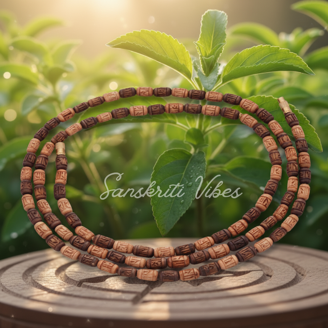 Radha Radha Carved Naam Three Round Tulsi Kanthi Mala – Premium Classic for Spiritual Devotion