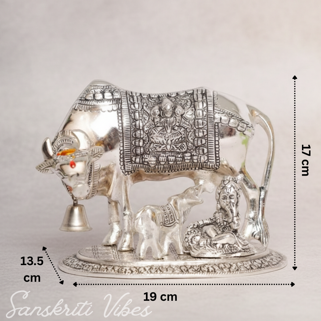 Metal Religious Kamdhenu Cow with Calf and Krishna Idol – Silver Finish Decorative Showpiece by Sanskriti Vibes | Hindu Pooja and Home Temple Decoration