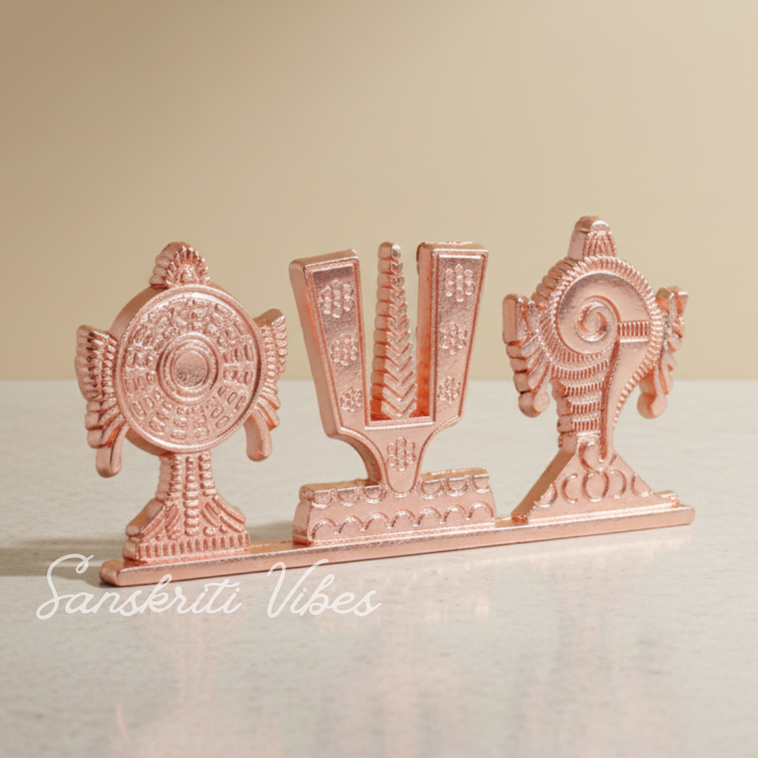 Tirupati Balaji Shankh Chakra Tilak Symbol Stand | Copper-Plated Decorative Idol for Car Dashboard & Home Temple