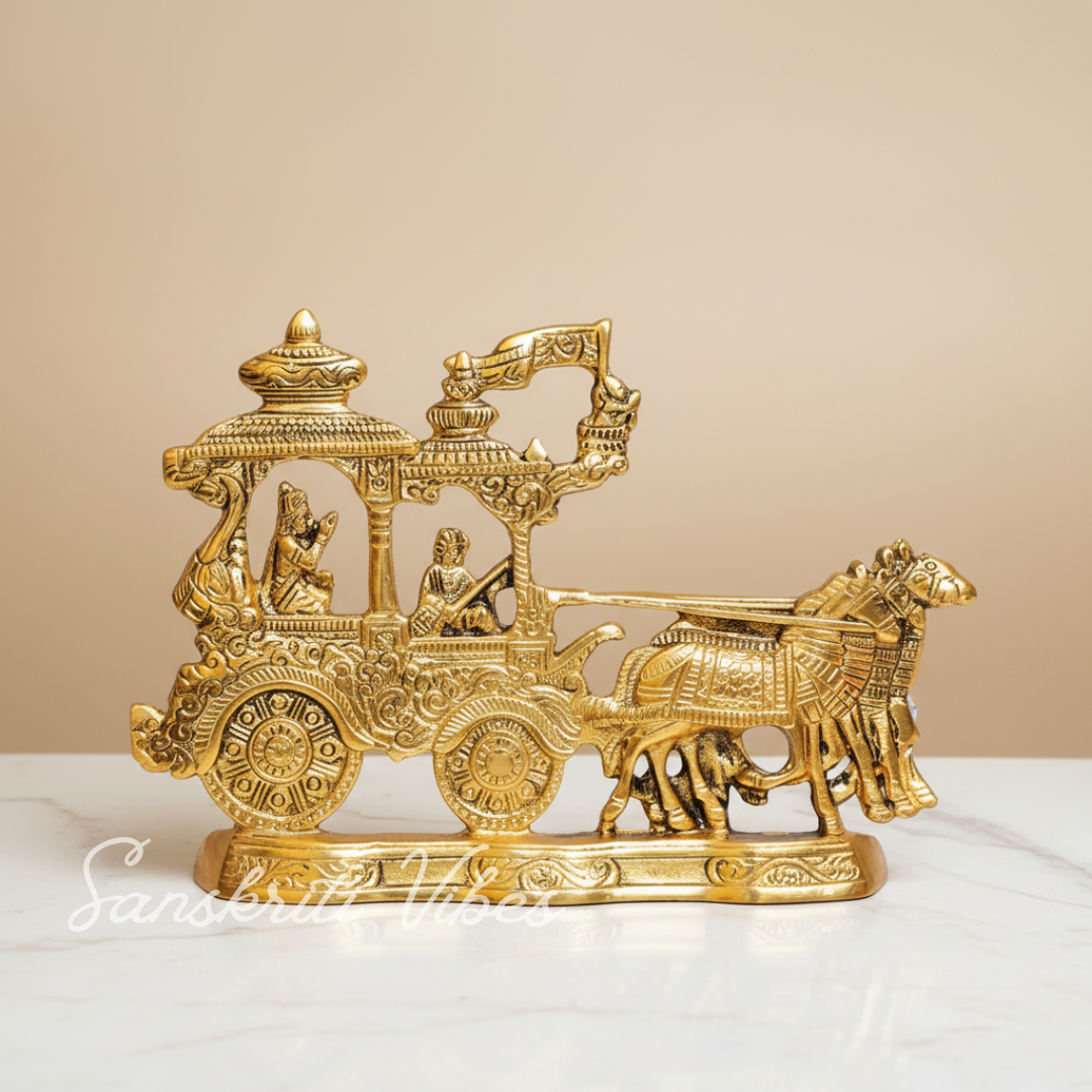 Lord Krishna and Arjun Rath Chariot with Two Horses – Metal Decorative Showpiece for Home Temple & Pooja by Sanskriti Vibes | Glossy Finish