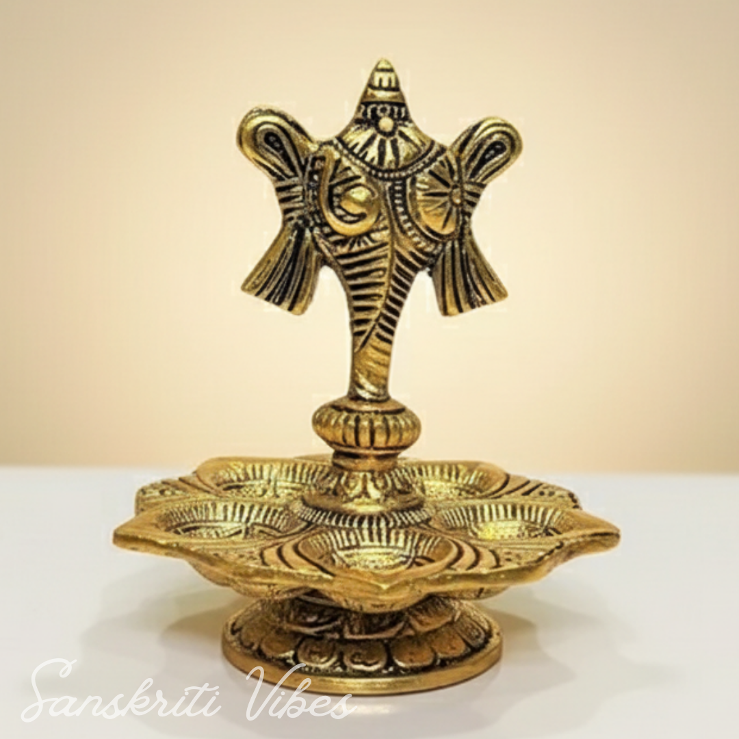 Tirupati Balaji Panch Mukhi Diya with Shanku Stand | Gold-Plated 5 Batti Metal Diya for Home & Office Pooja Room Decoration