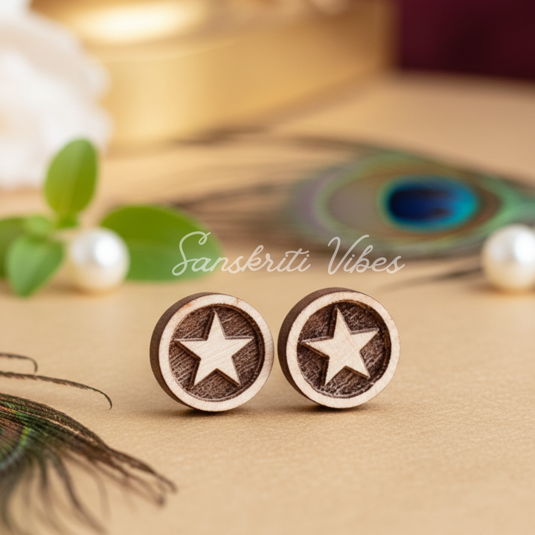 Star Marked Tulsi Earrings – 10mm Round Sacred Tulsi Ear Studs Set | Handcrafted Spiritual Tops for Men & Women - Retail Maharaj