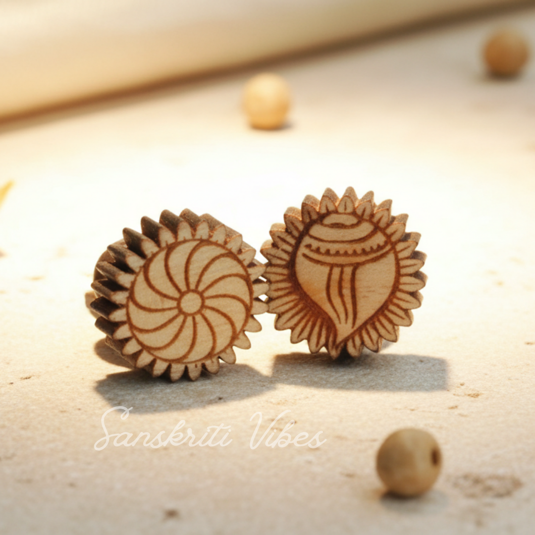 Shank Chakra Neem Wood Studs Traditional Handmade Earrings for Spiritual Protection and Devotional Wear