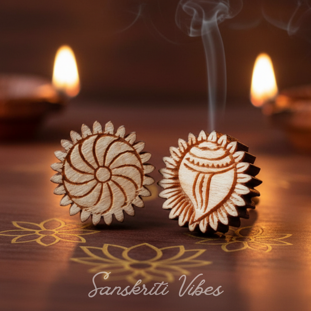 Shank Chakra Neem Wood Studs Traditional Handmade Earrings for Spiritual Protection and Devotional Wear
