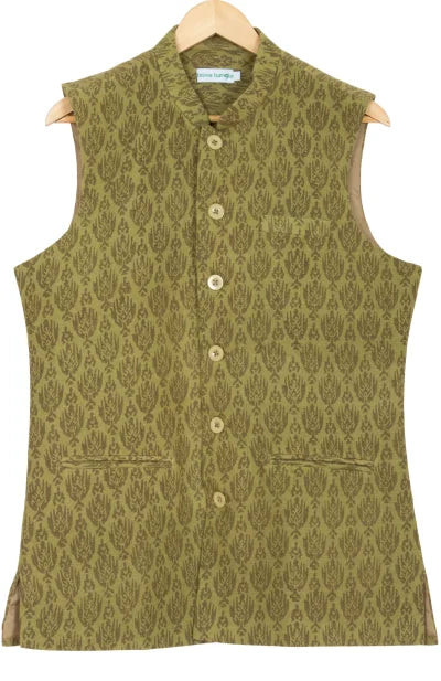 Handblock Printed Cotton Wool Handloom Jacket – Olive green - Retail Maharaj