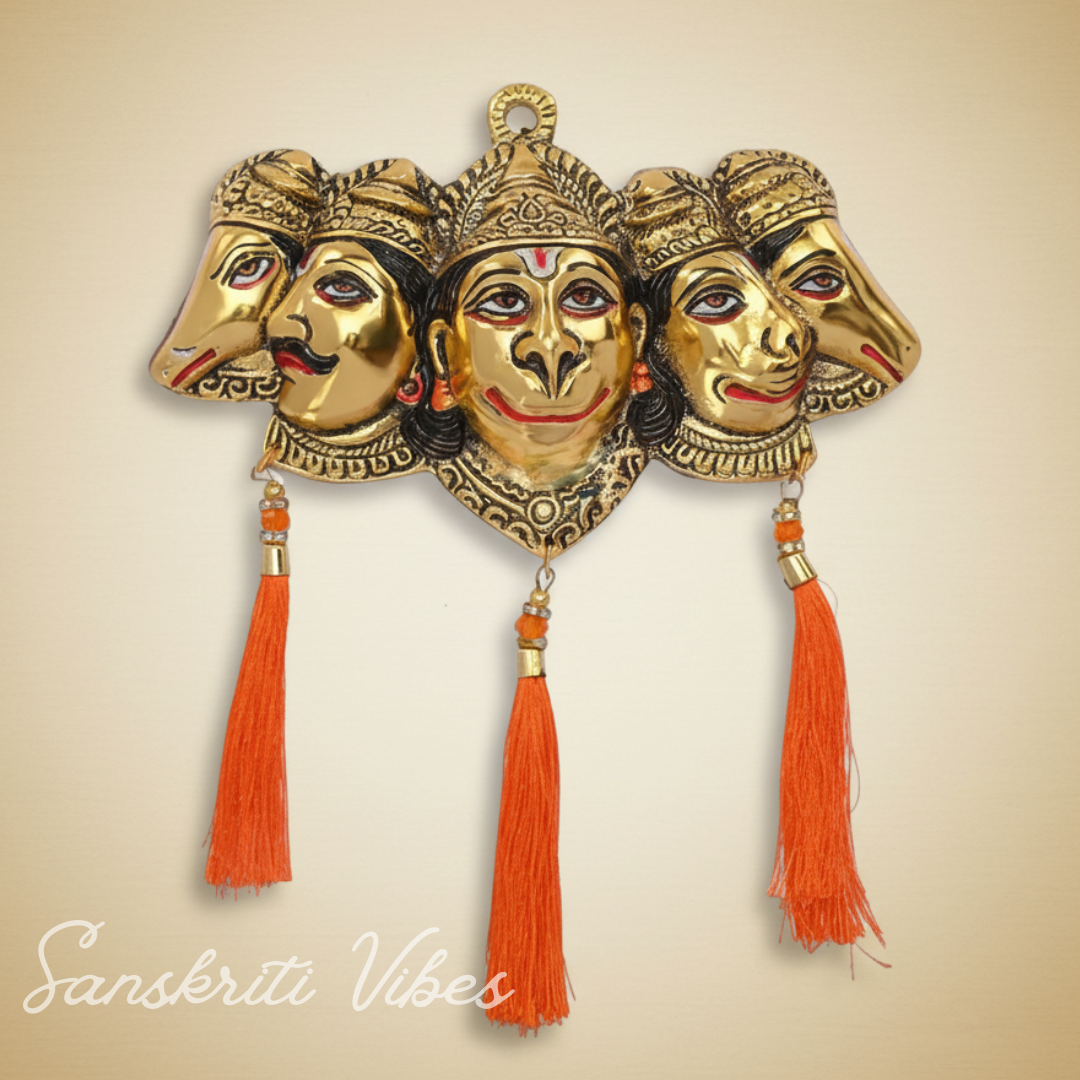 Metal Panchmukhi Hanuman Ji Murti for Door Entrance Statue Wall Hanging Showpiece with Silk Latakan in Gold Finish - Sanskriti Vibes